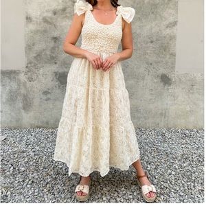 Medium Eira Flutter Sleeve Embroidered Midi Dress in Ecru Floral